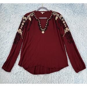 Lucky Brand Top Women's XLBurgundy Embroidered V-Neck Tunic Blouse Hi Low Hem